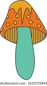 Set of 70s groovy mushrooms in Hippie retro style. Vector illustration