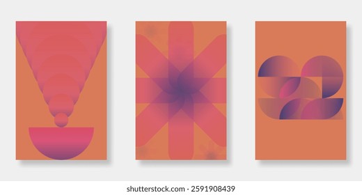 Set of 70s poster background. Retro wall decoration in geometric shapes design. Vintage banner, cover, card and flyer. Vector illustration
