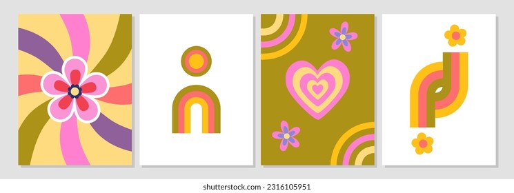 Set of 70s retro groovy posters. Modern geometric shapes, groovy flowers, hippie rainbows, hypnotic swirl. Mid century modern. Poster, flyer, card, banner design template. Background. Nostalgia.

