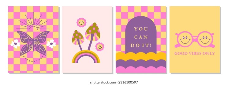 Set of 70s retro hippie posters. Checkered board, groovy flowers, psychedelic mushrooms, lettering. Smiling faces, rainbow. Poster, flyer, card, banner design template. Background. Nostalgia vibes.
