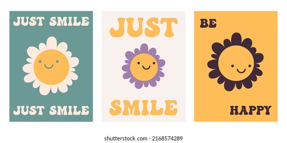 Set of 70s retro posters with daisy flower with smile. Vector print with "Just smile" and "Be happy" slogans for t-shirt, sticker, poster. Hippie retro concept. 