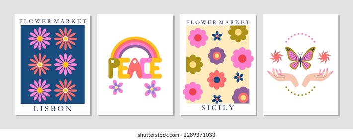 Set of 70s retro posters. Groovy flowers, flower market, retro vintage lettering. Mystic hands, butterfly, rainbow. Poster, flyer, card, banner design. Background. Nostalgia