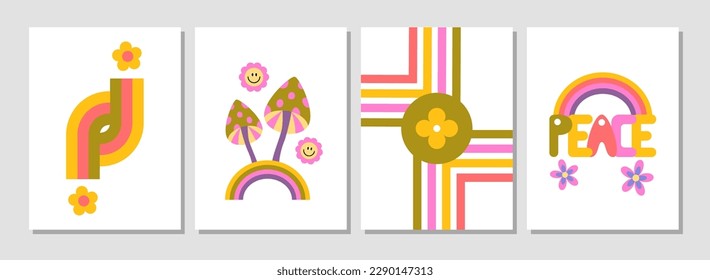 Set of 70s retro posters. Groovy flowers, psychedelic mushrooms, swirls, rainbows, retro vintage lettering. Mid century modern. Poster, flyer, card, banner design, graphic tee. Background. Nostalgia