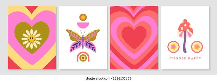 Set of 70s retro psychedelic posters. Hypnotic hearts tunnels, groovy flowers, mushrooms, lettering. Butterfly, smiling face. Poster, flyer, card, banner design template. Background. Nostalgia.