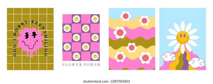 Set of 70s retro revival posters. Groovy flowers, rainbow, retro vintage lettering. Checkered board, swirls. Poster, flyer, card, banner design. Background