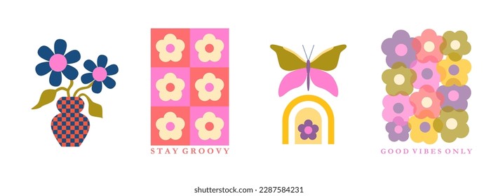 Set of 70s retro revival posters. Groovy flowers, retro vintage lettering. Checkered board, butterfly, rainbow. Poster, flyer, card, banner design. Background. Naive art