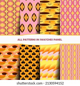 set of 70s Retro Seamless Pattern in Orange, Brown, Pink and Beige. 60s and 70s Retro style and Aesthetic.