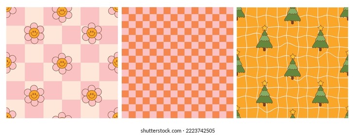 Set of 70s retro seamless patterns with groovy trippy grids. Christmas checkered background with spruce, hippie flower and smile face. Y2K abstract aesthetic. Vintage vector.