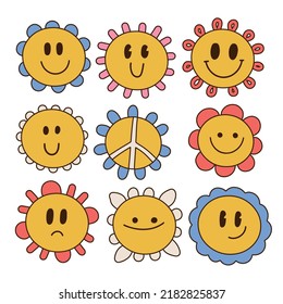 Set of 70s retro smiling character face peace flower. Hippie floral collection. Happy nature clipart. Children design isolated element. Hand drawn vector naive art illustration.