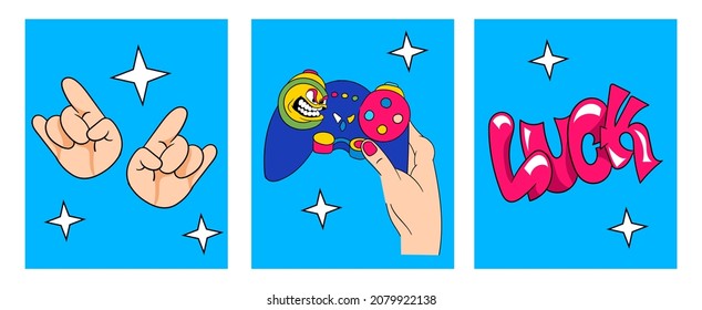 Set of 70s style posters. Joystick hand, game, luck, youth, hipster. Invitation cards, cool pictures, retro, old gamepad, bright banners. Cartoon flat vector illustrations isolated on white background