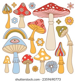 Conjunto de hongos tripilleros alucinógenos groovy, arcoiris y flores de los años 70. Paquete de hongos agaric hippie con mosca psicodélica. Nive groovy hippie aislado ilustración vectorial. 