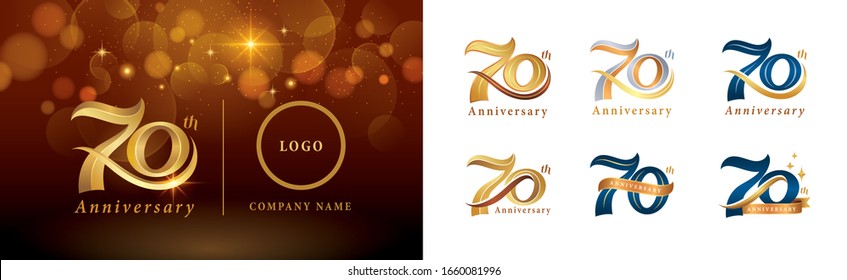 Set of 70th Anniversary logotype design, Seventy years Celebrate Anniversary Logo silver and golden, Vintage and Retro Script Number Letters, Elegant Classic Logo for Congratulation celebration event