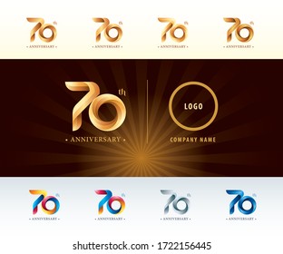 Set of 70th Anniversary logotype design, Seventy years celebration Anniversary Logo silver and golden, Origami stylized Number Letters, Twist Ribbons Logo for event, invitation, Party, Fashion. Funny