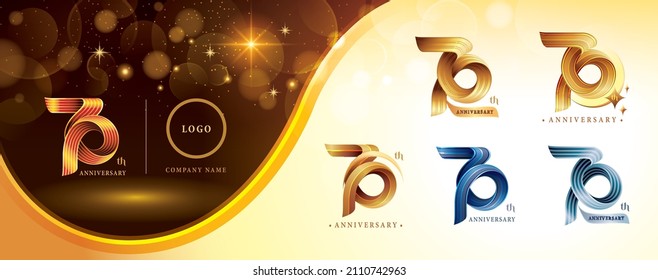 Set of 70th Anniversary logotype design, Seventy years anniversary celebration Logo. Twist Infinity multiple line golden for celebration event, invitation, greeting, 70 year Infinity loop logo