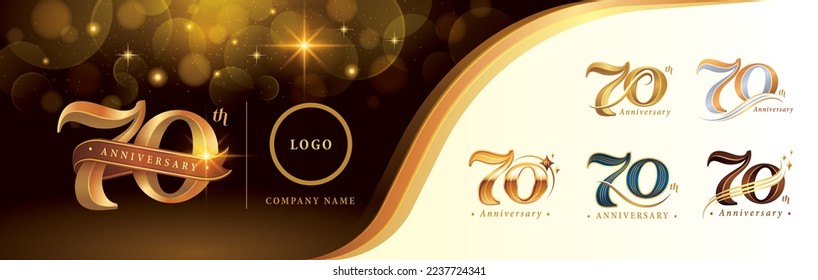 Set of 70th Anniversary logotype design, Seventy years anniversary celebration Logo, Golden Luxury and Retro Serif Number 70 Letters, Elegant Classic Logo, Congratulation celebration event, greeting.