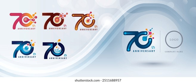 Conjunto de diseño de logotipo del 70 aniversario, setenta años celebran el logotipo para la celebración, estructura de molécula Abstractas conectada. Laboratorio de Ciencia de Química y Bio tecnología, Partícula molecular átomo, Logo 70