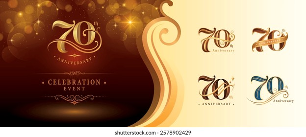 Set of 70th Anniversary logotype design, Seventy years Anniversary Logo, Elegant Classic Logo, Luxury Vintage and retro Serif Number 70, Celebrating Anniversary Logo for Congratulation event, greeting