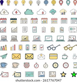 Set of 71 colorful, hand-drawn icons for business, office, and productivity themes perfect for digital designs, presentations, and planning tools.