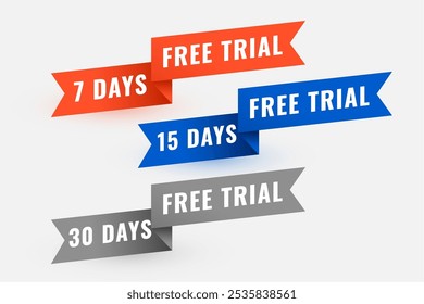 set of 7,15 and 30 days free trial ribbon banner vector