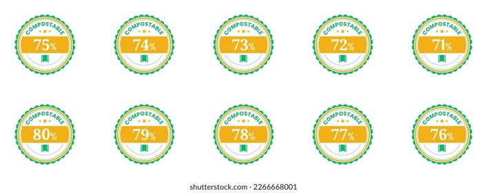 establecer etiquetas vectoriales de 71%-80% de círculo compostable sobre fondo blanco