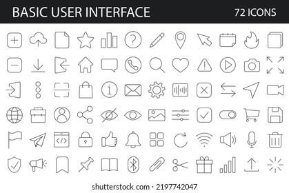 Conjunto de 72 elementos esenciales icono de interfaz general de usuario básica.  Colección moderna de símbolos de contorno, diseño gráfico lineal sencillo de estilo mínimo. Iconos de línea de vector