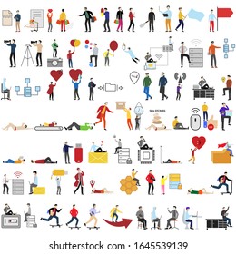Conjunto de 72 personajes de dibujos planos e iconos sobre un fondo blanco. Diversos temas, deportes, tecnología, entretenimiento, finanzas, tecnología