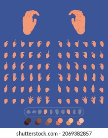 set of 72 hands in different positions. flat illustration of hands to use in animations, character illustrations or as an icon. with color palette for other ethnicities. eps 10