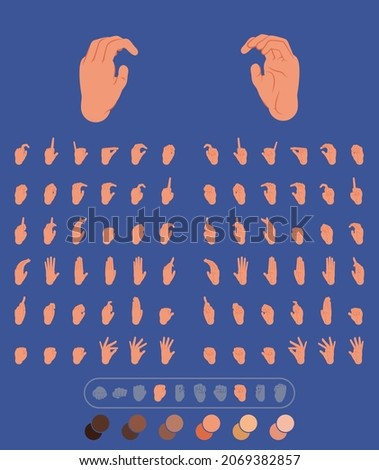 set of 72 hands in different positions. flat illustration of hands to use in animations, character illustrations or as an icon. with color palette for other ethnicities. eps 10
