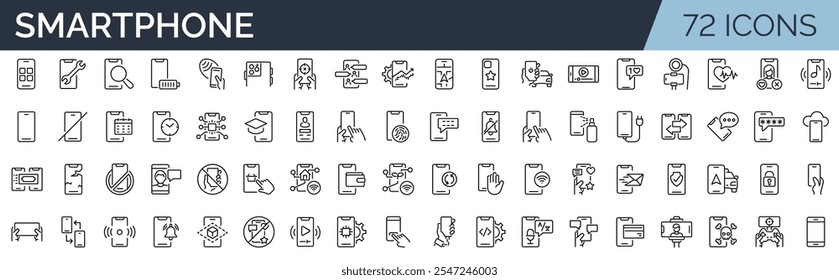 Conjunto de 72 ícones de estrutura de tópicos relacionados ao smartphone. Coleção de ícones linear. Traçado editável. Ilustração vetorial	