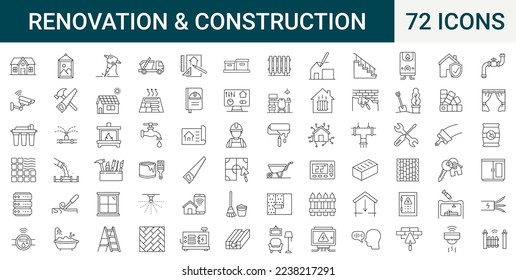 Set of 72 outline web icons. construction, home repair, renovation, building. Thin line icons collection. Vector illustration. Editable stroke - Shutterstock ID 2238217291