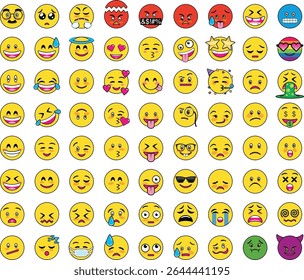 Set of 72 round, flat yellow emojis with different facial expressions: happy, naughty, crying, in love, sick, partying, surprised, evil, and with the LGBTI flag