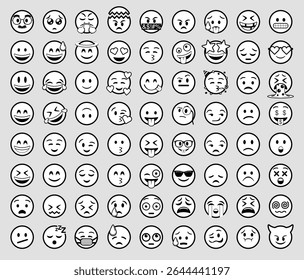 Set of 72 round white emojis with a black line depicting different facial expressions: happy, naughty, crying, in love, sick, partying, surprised, and evil