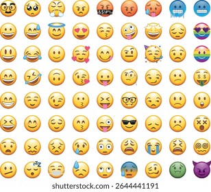 Set of 72 round yellow emojis with different facial expressions: happy, naughty, crying, in love, sick, partying, surprised, evil, and with the LGBTI flag