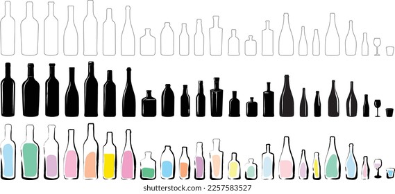 Set of 75 Bottles and Glasses in 3 Rows

| Abstract illustration of bottle, glass, flask, flasks in glossy black with highlights in silhouettes, white shapes, modern vector art colored.