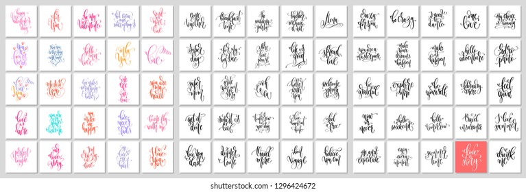 set of 75 hand lettering posters, positive and love quotes, vector illustration collection