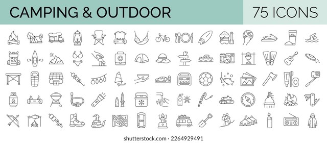 Set of 75 line icons related to outdoor, camping. camp, tools, adventure, trekking. Editable stroke Vector illustration. Outline icon collection