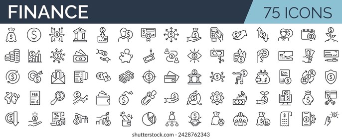 Set of 75 outline icons related to finance. Linear icon collection. Editable stroke. Vector illustration