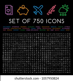 Set of 750 Minimal Universal Isolated Modern Elegant Thin Line Icons on Black Background