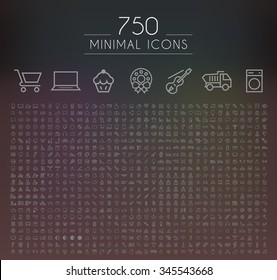 Set Of 750 Minimal Universal Isolated Modern Elegant Thin Line Icons On Black Background.