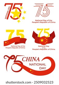 Set for the 75th Anniversary National Day of the People's Republic of China. Independence Day postcard. Different variations of large number 75 with Chinese flag. Design for logo, print, social media