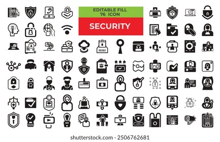 Set of 76 fill editable icons related to security. Safety, security, protection icons. For website marketing design, logo, app, template, etc. Vector illustration.