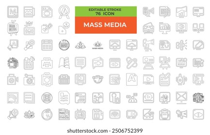 	
Set of 76 line stroke editable icons related to Mass media. Television radio newspaper magazine. Internet digital social media video. News printed editions glossy magazines. Video and audio info