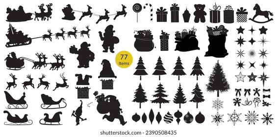 Set of 77 Christmas Vector black silhouettes, isolated decoration icons. Santa Claus with reindeer sleigh, trees, ornaments, presents, candy and toys and other elements