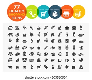 set of 77 high quality supermarket, shopping and online shopping icons including organic food, merchandise, meat, drink and more