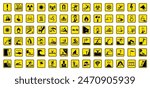 Set of 78 isolated hazardous symbols on yellow round square board warning sign. Official ISO 7010 safety signs standard.