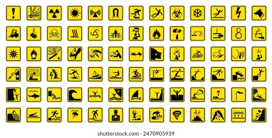 Set of 78 isolated hazardous symbols on yellow round square board warning sign. Official ISO 7010 safety signs standard.