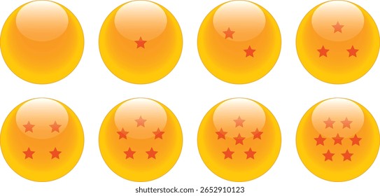 Set of 7-Star Orange Crystal Balls with Red Stars – Glossy Dragon Sphere Vector Icons for Fantasy Game, Manga, or Collectible Design