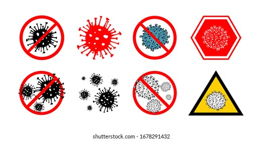 Set von 8-nCoV-Bakterien 2019 einzeln auf weißem Hintergrund. wenige Coronavirus in roten Kreis Vektorillustration Symbol. COVID-19 Bakterien-Corona-Virus-Krankheitszeichen. SARS Pandemic-Konzept-Symbol. Pandemie. Gesundheit des Menschen.