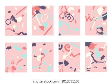 Set of 8 Abstract Backgrounds with Bright Brush Strokes. Retro Backgrounds for Greeting Cards or Book Covers in Style of Early 90s. Colorful Base for Invitation, Poster, Banner or Notepad Cover