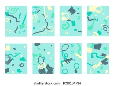 Set of 8 Abstract Backgrounds with Bright Brush Strokes. Retro Backgrounds for Greeting Cards or Book Covers in Style of Early 90s. Colorful Base for Invitation, Poster, Banner or Notepad Cover